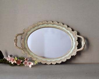 Vintage Decorative Oval Tray Retro Cottage Mirror Tray Home Decor