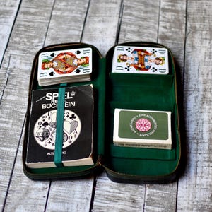Set di giochi di carte vintage, custodia da viaggio, carte retrò, carte da gioco da collezione