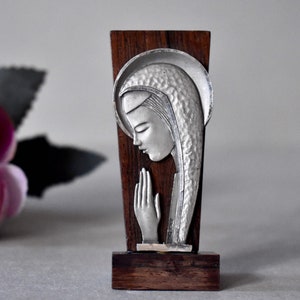 Vintage Madonna Statuette Zinc Madonna Wooden Stand Religion Home Decor