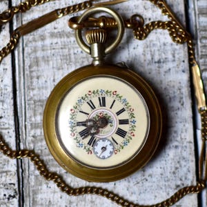 Antique Swiss Pocket Watch Ladies  Collectable Watch Gilded Chain