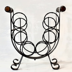 Portabottiglie da vino in ferro vintage con manico in legno, decorazione rustica, decorazione per la casa