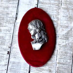 Vintage Wall Plague Etain in Red Velvet Frame Wall Decor Vintage Decor