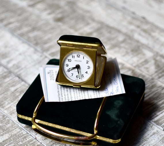 Vintage German Gilded Travel Clock - Deluxe Clock in Green Velvet