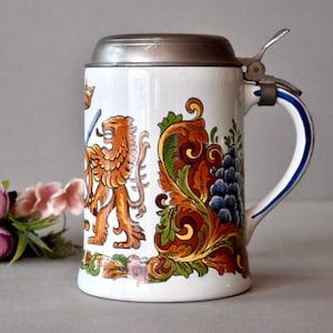 Vintage Porcelain Beer Mug - Delft Vintage Pottery  Home Decor Beer  Stein Rustic Holland Beer Mug Zinc Lid