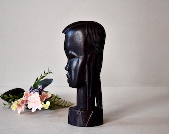 Figura africana vintage de madera de ébano, busto de madera de hierro africano, regalo vintage, arte africano del Congo
