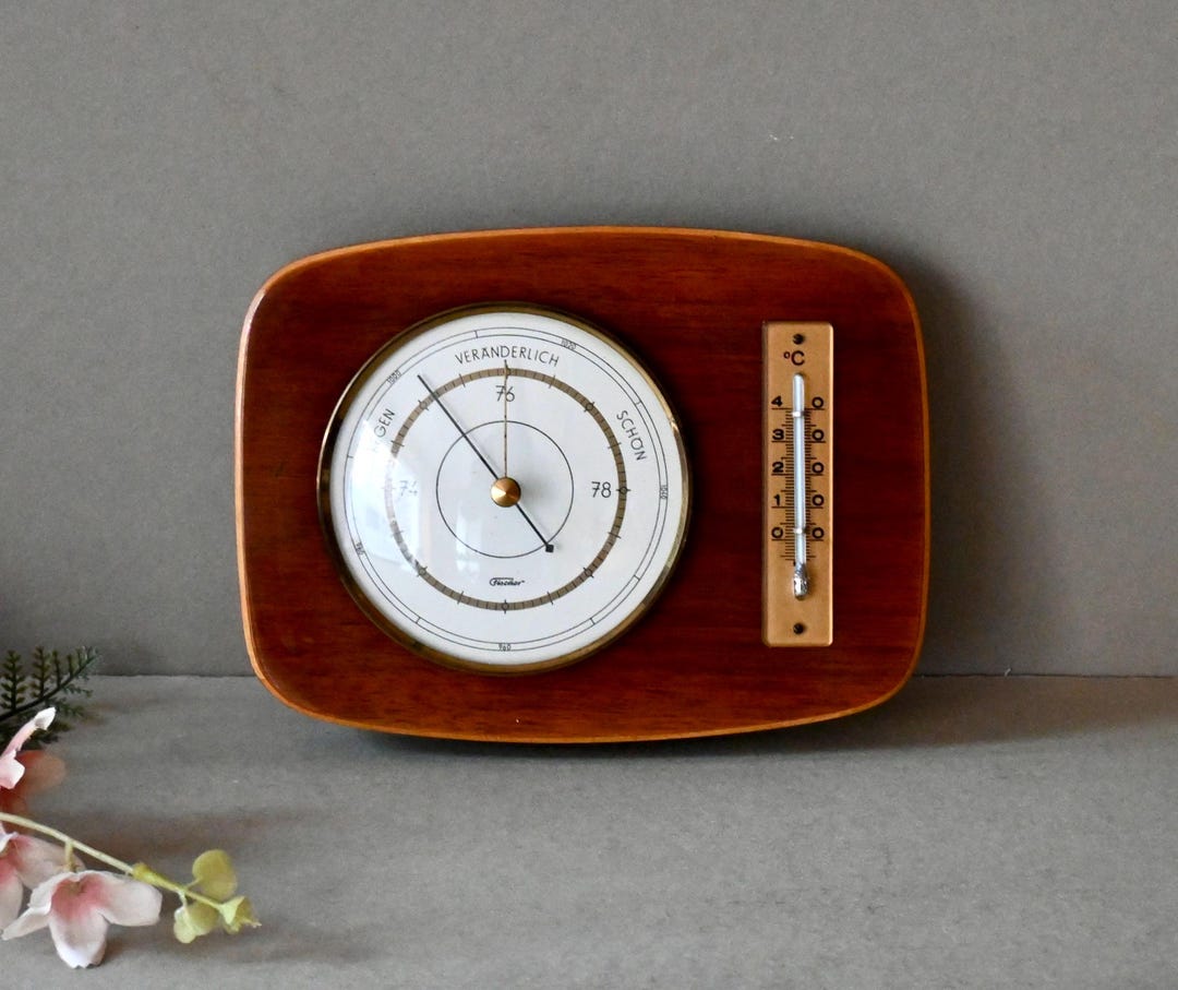Vintage Wooden Barometer Meteorological Station Fischer Thermometer ...