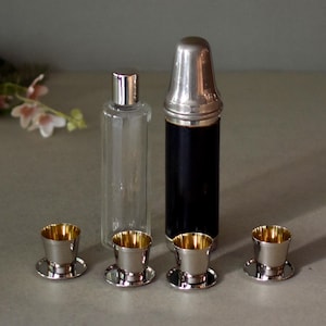 Antique Pocket Bottle in Leather  Four Cups Retro Flask Hunting Gift