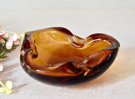 Vintage ashtray　瑪瑙 Vintage Amber Glass Murano Ashtray Mandruzzato Design Colorful