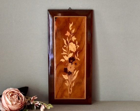 ヴィンテージ木製インターシャフラワー（木製）ハンドメイド壁飾り