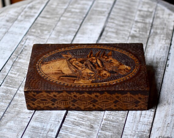 Antique  Wooden  Box Horse Pirographik Box Home Decor Antique Decor Bohemian Decor View 5
