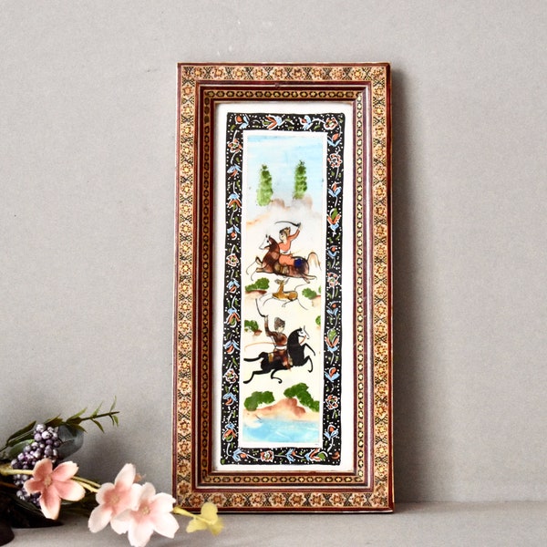 Vintage Oriental Painting in Wooden Frame with Intarsia Home Decor Oriental Art