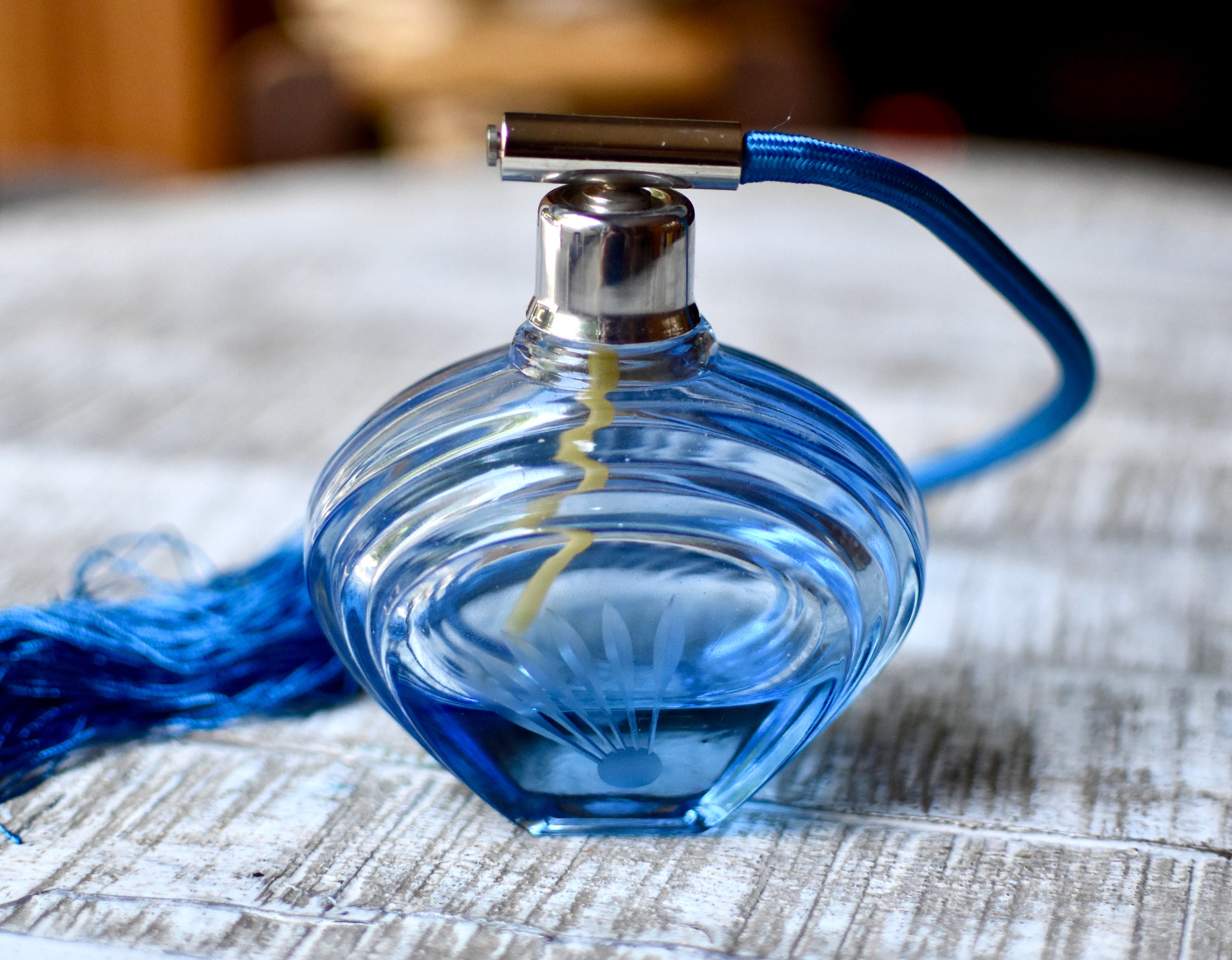 ヴィンテージファセットブルーガラスアールデコポンプ香水瓶レトロ香水