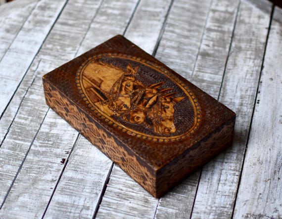 Antique  Wooden  Box Horse Pirographik Box Home Decor Antique Decor Bohemian Decor
