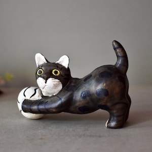 Vintage Wooden Cat With Ball Home Decor Hand Carved Wooden Cat