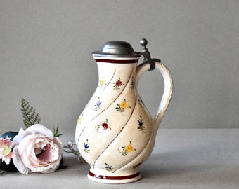 Vintage Tirolian Ceramic Jug With Zinc Lid  Home Decor  Clay Pitcher Rustic Decor