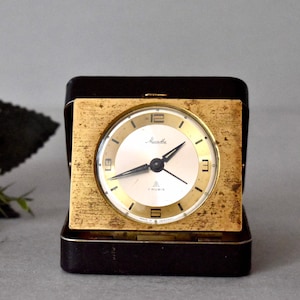 Vintage German Messing Travel Clock - Mauthe Home Decor Vintage Decor Clock in Leather Case Alarm Clock