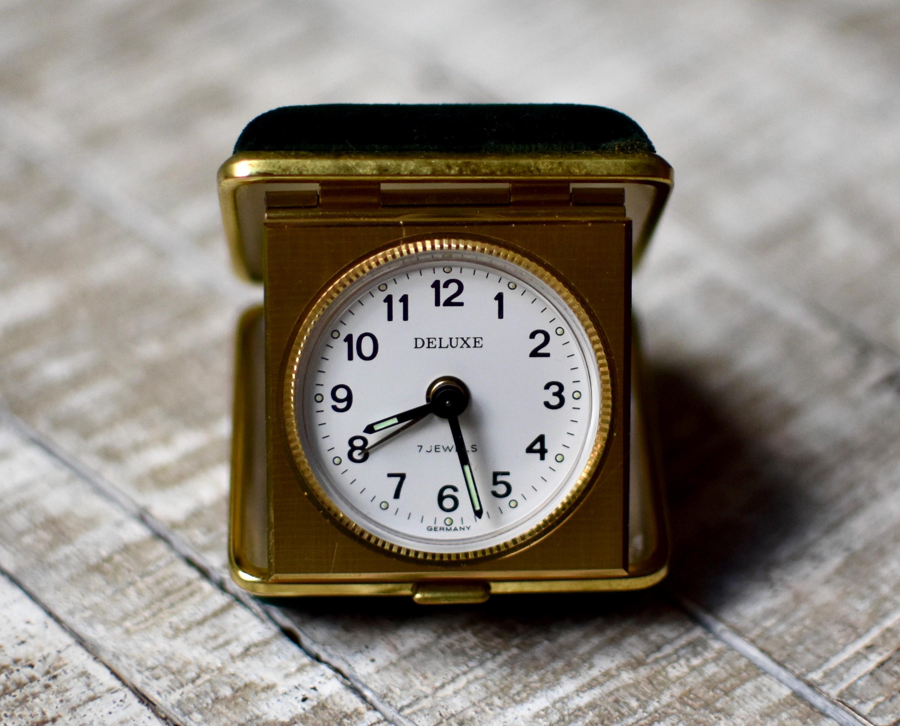 Vintage German Gilded Travel Clock - Deluxe Clock in Green Velvet