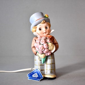 Vintage Porcelain Hummel Goebel Lamp Boy With Flowers Collection Porcelain Figurine