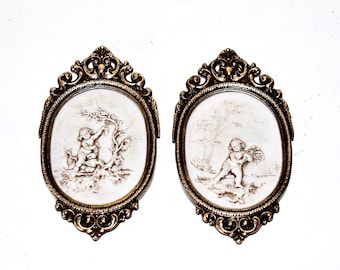 Vintage Capodimonte Two Biscuit Porcelain Plagues in Bronze Frame Wall Decor Porcelain Cherubs