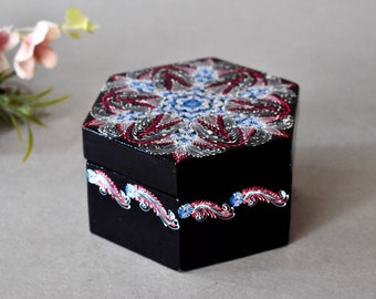 Vintage USSR Wooden Box Black Lacquer Flowers Hand Painted Trinkets Box Jewelry Box