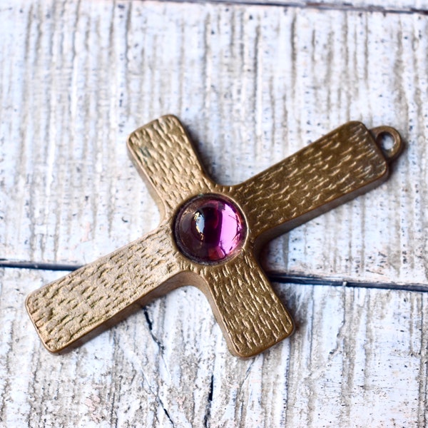 Vintage Bronze Cross Amethyst Stone Bronze Cross Pendant