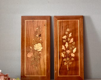 Vintage dos pares madera italiana Intarsia flores pared decoración retro Intarsia decoración del hogar