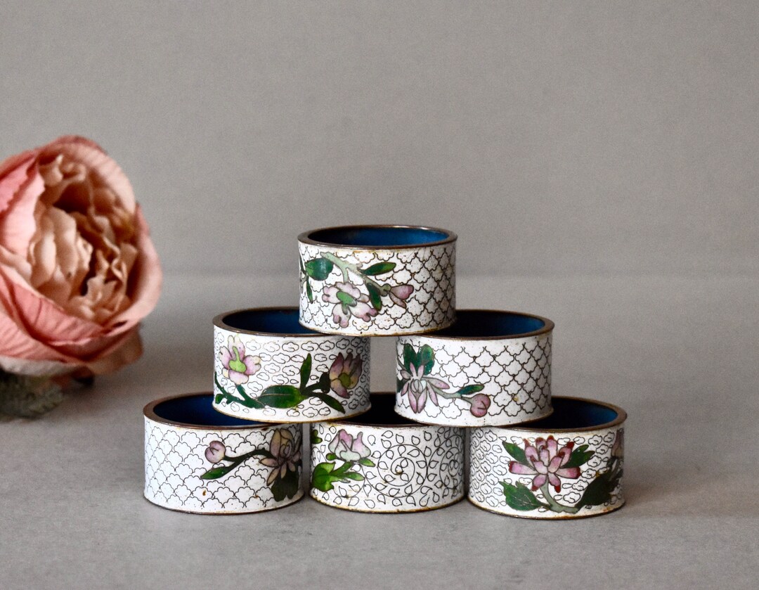 Vintage Enameled Brass Napkins Rings Cloisonné Table Decor Vintage