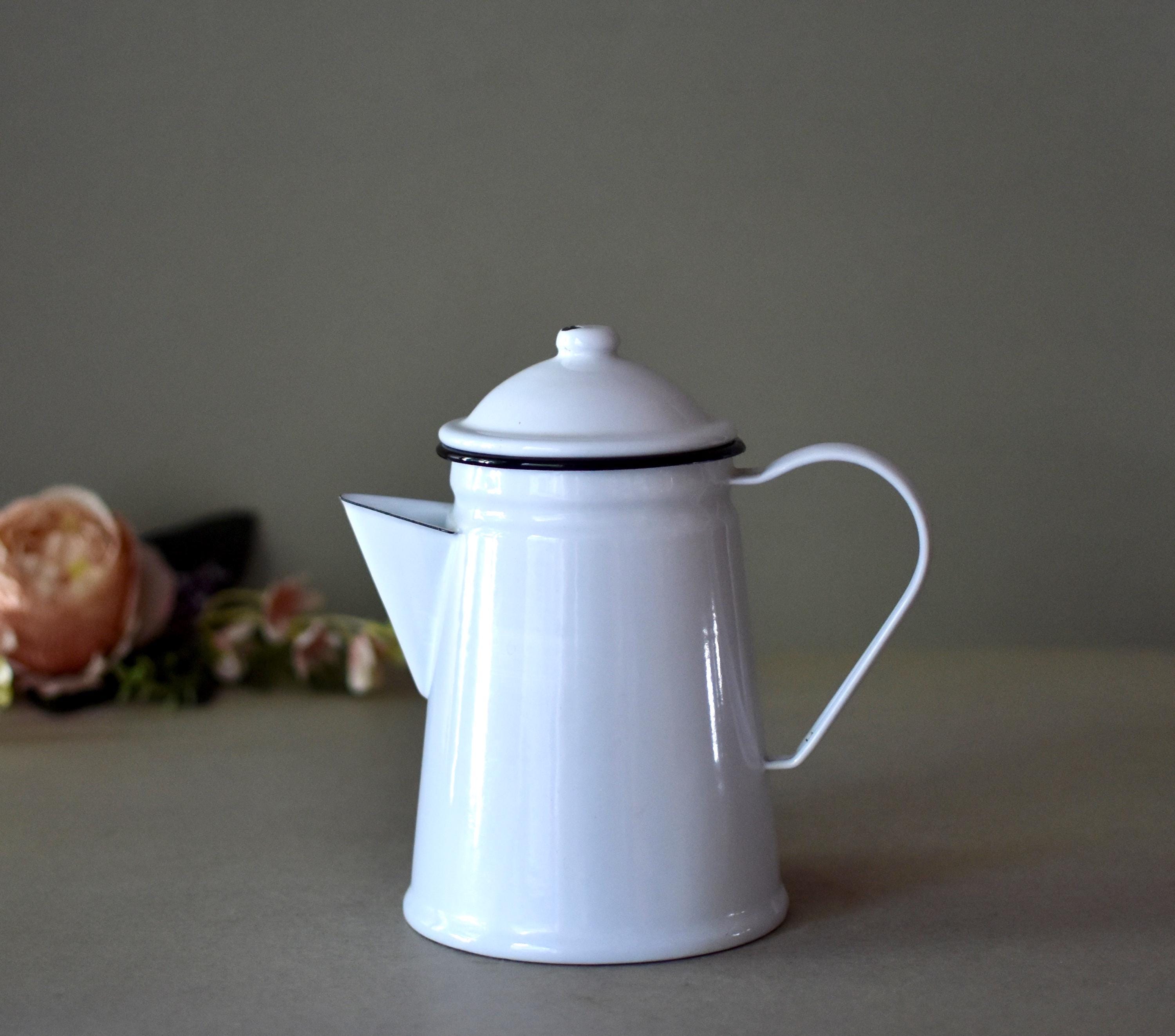 Ancienne Bouilloire à Thé/café Vintage En Fer émaillé Blanc Et Bleu, Années 1900-1940, Inde - Bon état