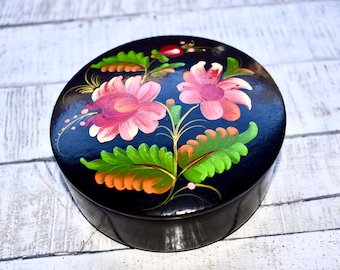 Vintage USSR Wooden Box Black Lacquer Flowers Hand Painted Trinkets Box Jewelry Box