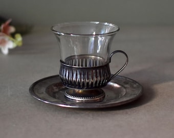 Service à thé antique en verre plaqué argent avec une seule tasse de thé, décoration de table