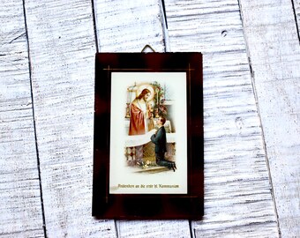 Antique Catholic Post Card in Glass Frame Wall Handing and Table Stand