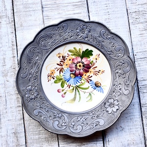 Vintage Porcelain Plate With Zinc Frame Wall Decor Hand Painted Home Decor Vintage Decor With Flowers