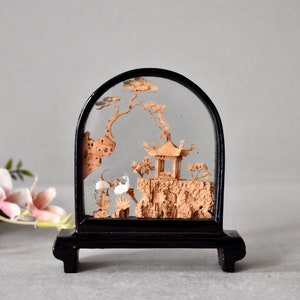 Vintage Chinese Carved Cork Art Diorama Scene With Black Lacquer Frame image 1
