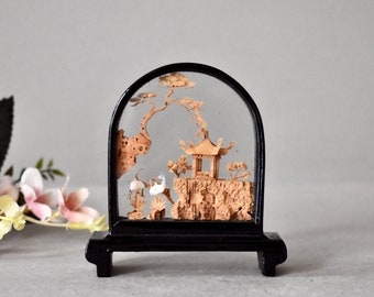 Vintage Chinese Carved Cork Art Diorama Scene With Black Lacquer Frame