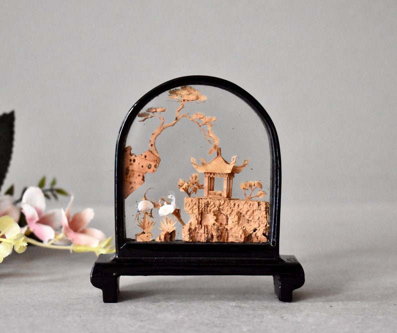 Vintage Chinese Carved Cork Art Diorama Scene With Black Lacquer Frame image 1