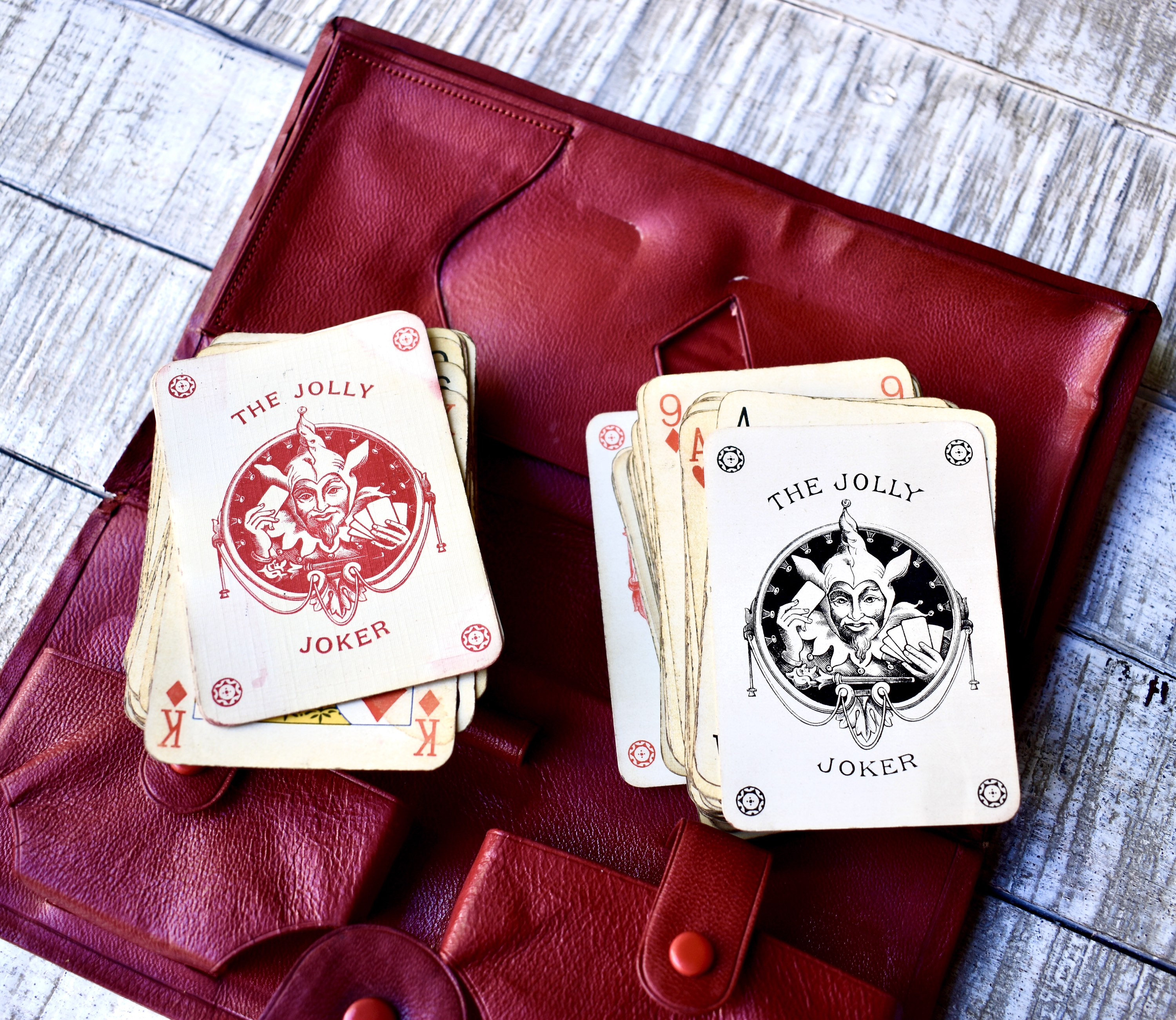 Coffret 2 Jeux De Cartes Vintage Cuir Sellier - Bridge, Poker, Rami - Années 70