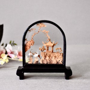 Vintage Chinese Carved Cork Art Diorama Scene With Black Lacquer Frame image 2