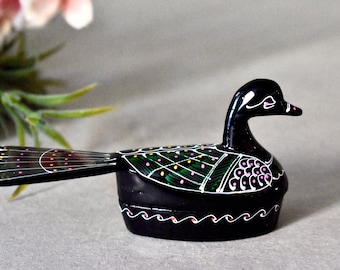 Vintage Small USSR Wooden Box Black Lacquer Duck Hand Painted Trinkets Box Jewelry Box