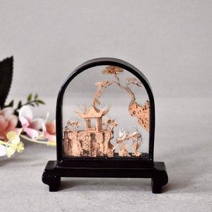 Vintage Chinese Carved Cork Art Diorama Scene With Black Lacquer Frame image 3