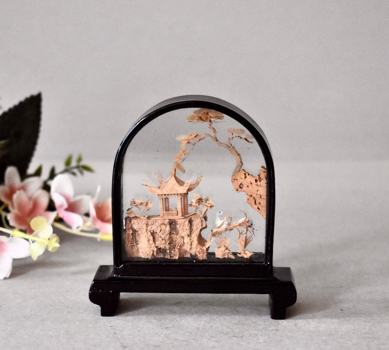 Vintage Chinese Carved Cork Art Diorama Scene With Black Lacquer Frame image 3