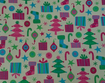 May include: A cream-colored fabric with a repeating pattern of Christmas-themed illustrations. The pattern includes presents, candy canes, Christmas trees, stars, ornaments, and stockings. The illustrations are in shades of pink, green, and blue.
