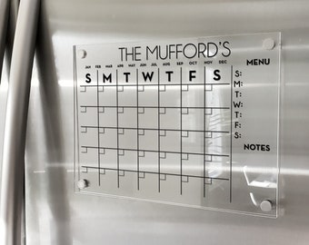 Fridge Calendar, Magnetic Monthly Acrylic calendar, 2022 Planner, Dry Erase Calendar, Personalized Acrylic calendar, Calendar with menu