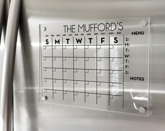 Fridge Calendar, Magnetic Monthly Acrylic calendar, 2022 Planner, Dry Erase Calendar, Personalized Acrylic calendar, Calendar with menu