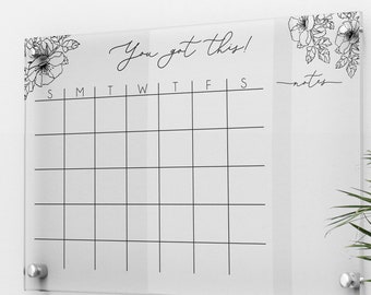 Monthly Acrylic calendar for wall, 2021 Planner, Dry Erase Calendar, Personalized Acrylic calendar, Calendar with notes, Flower calendar