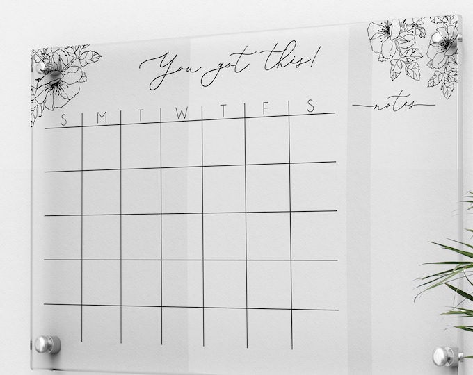 Monthly Acrylic calendar for wall, 2021 Planner, Dry Erase Calendar, Personalized Acrylic calendar, Calendar with notes, Flower calendar