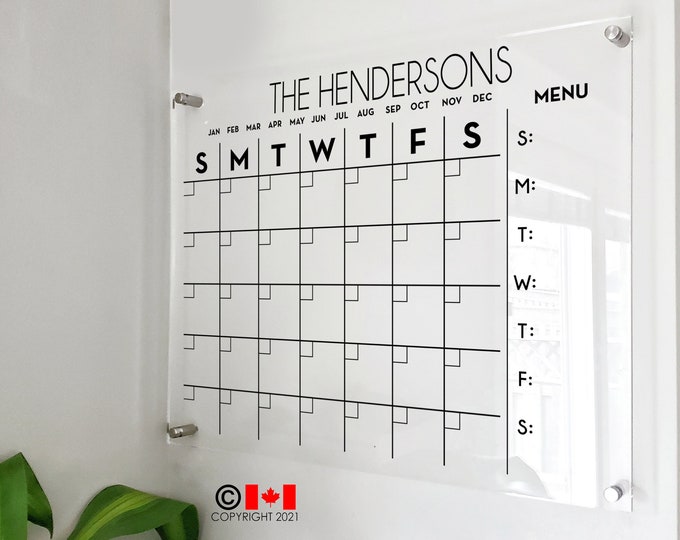 Monthly Acrylic calendar for wall with Menu, Planner, Dry Erase Calendar, Acrylic Planner, Housewarming gift, Calendar with menu