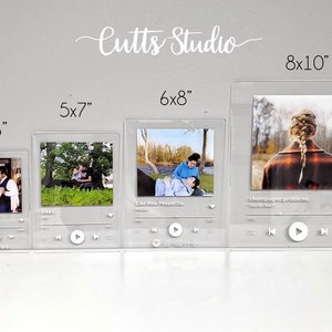 May include: Four acrylic photo frames in different sizes, 4x6 inches, 5x7 inches, 6x8 inches, and 8x10 inches. Each frame has a white border and a white play button. The frames are displayed on a grey wall. The frames are designed to look like a music player screen.