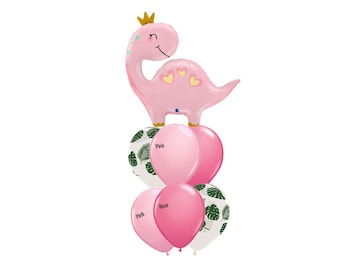 May include: A pink dinosaur balloon with a gold crown and hearts on its body, surrounded by pink, white, and green balloons with the words "Pink" and "Rose" printed on them.
