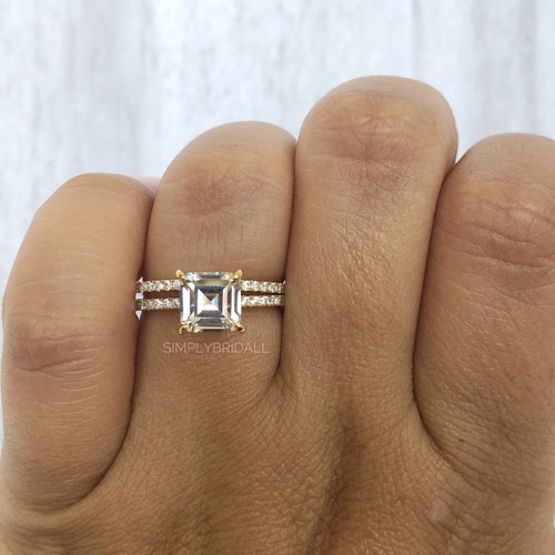 1.00ct Asscher Cut Diamond Ring, Gold Vermeil Engagement Ring Set, Matching Eternity Band, Bridal shops Ring Set, Proposal Ring