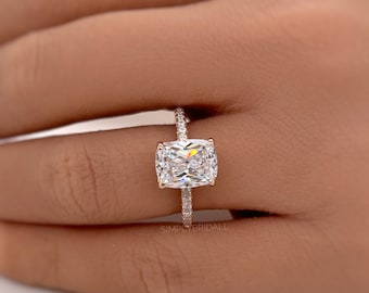 Anello di fidanzamento allungato in moissanite con taglio a cuscino da 2,50, anello solitario in moissanite con taglio a cuscino lungo, argento sterling con vermeil